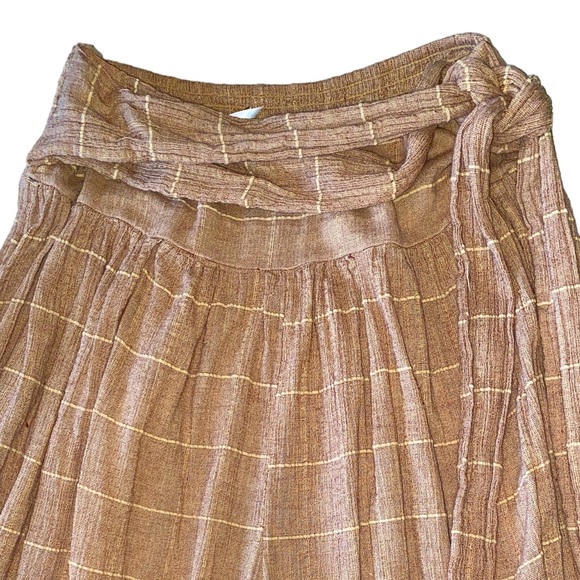 Free People Tan Checker Print Wide Leg Tie Waist Textured Gauze Pants - 12 - Picture 3 of 11